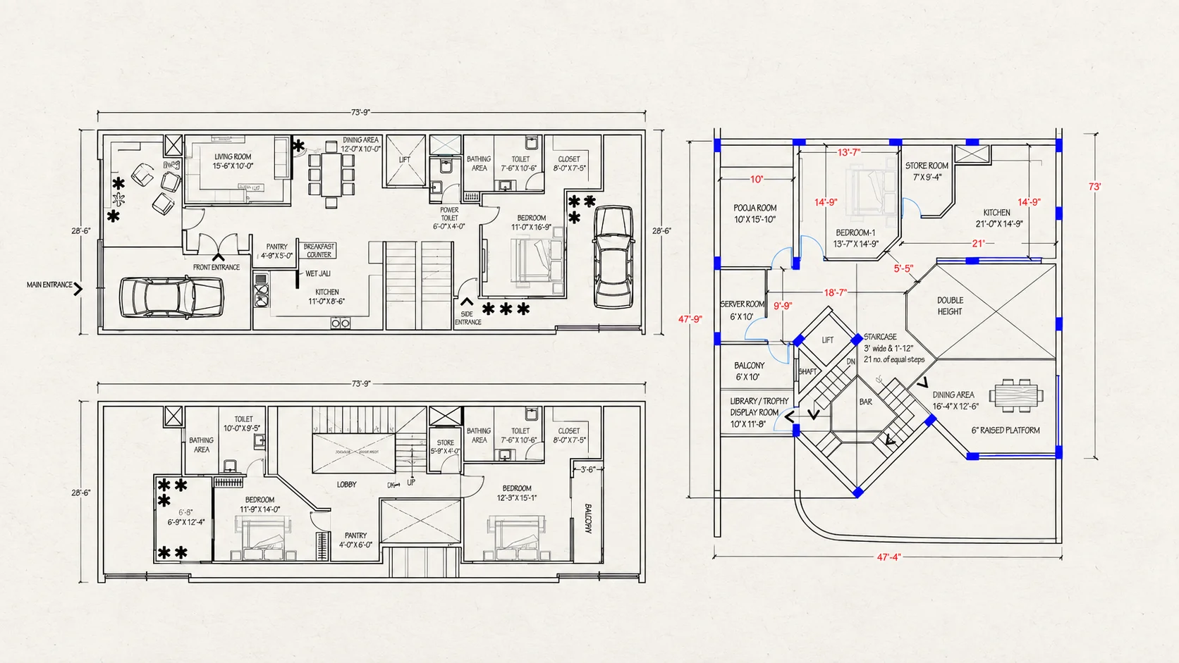 Architectural floor plans drawn across a textured presentation sheet
