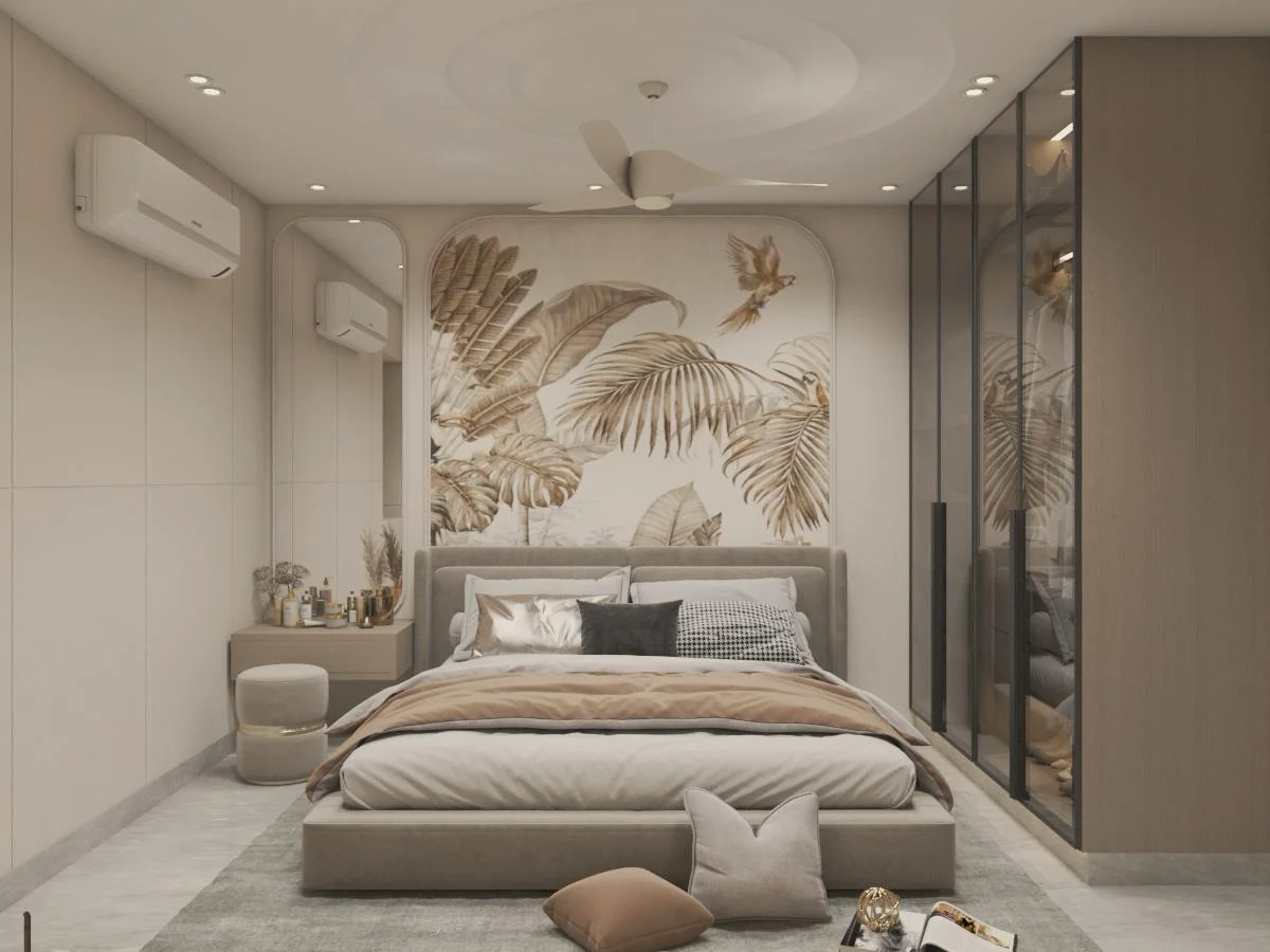 Minimal bedroom with soft textiles