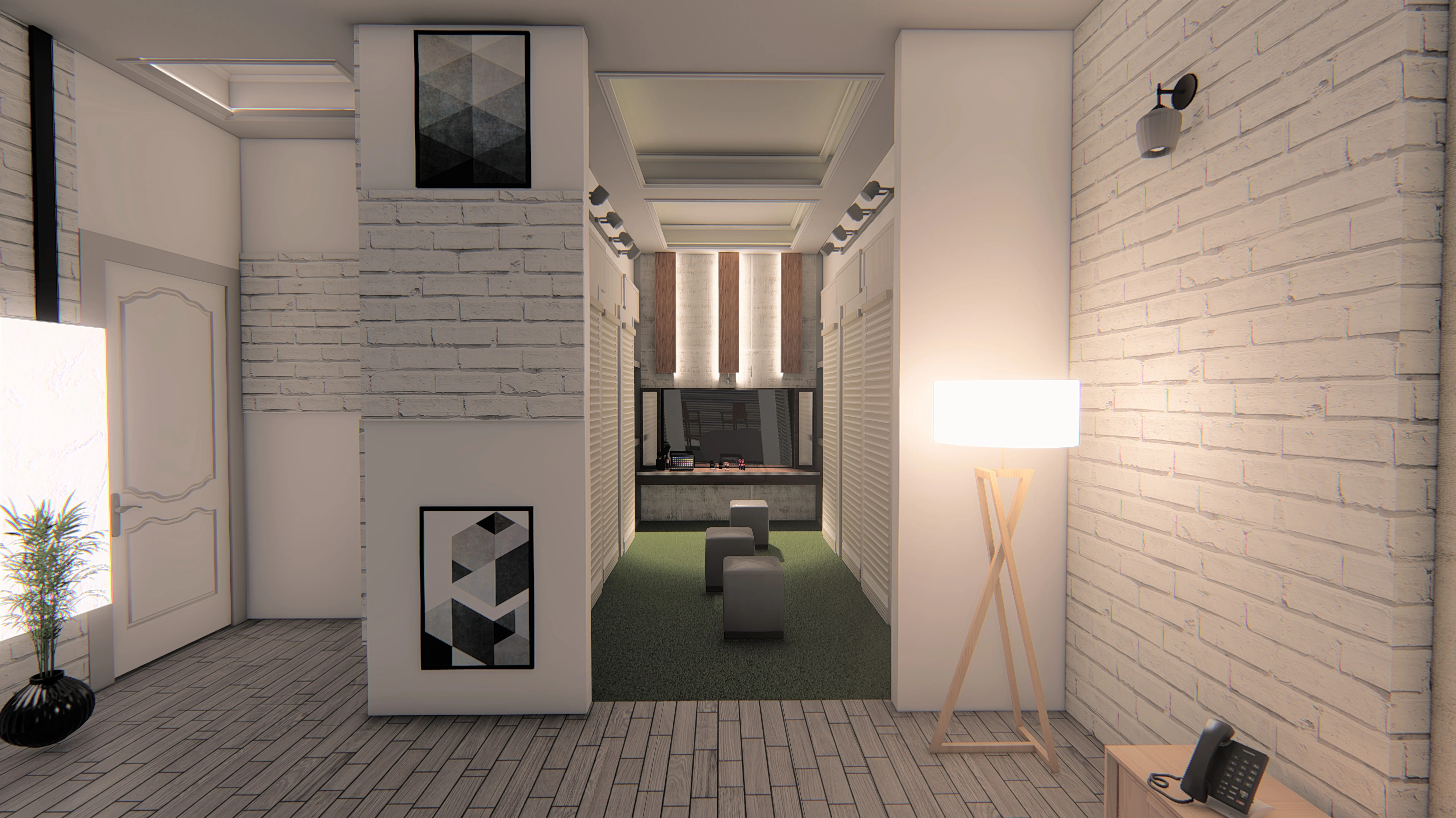 Warm dressing room with fluted cabinetry, integrated lighting and a central island