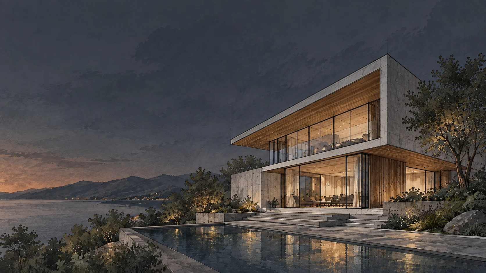 Modern residence at dusk, warm light spilling from full-height glazing