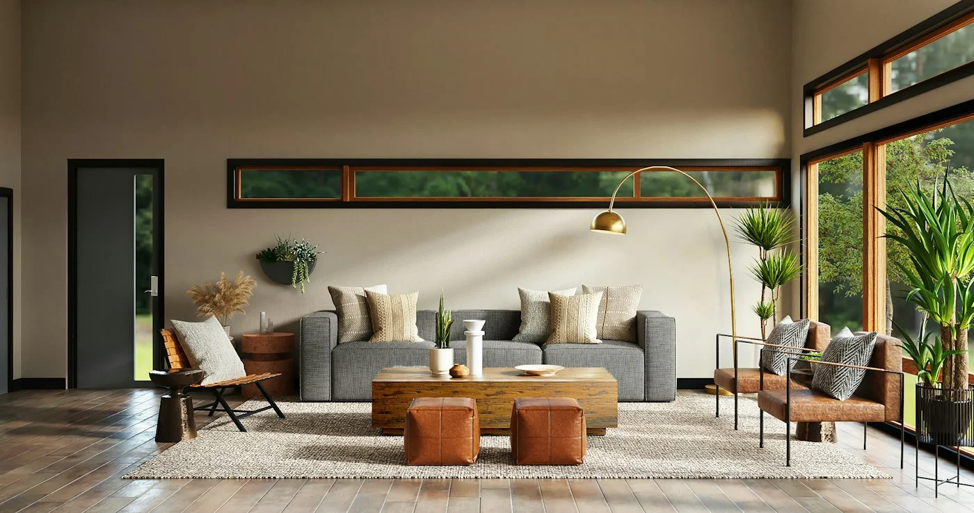 Layered neutral living room with linen and oak
