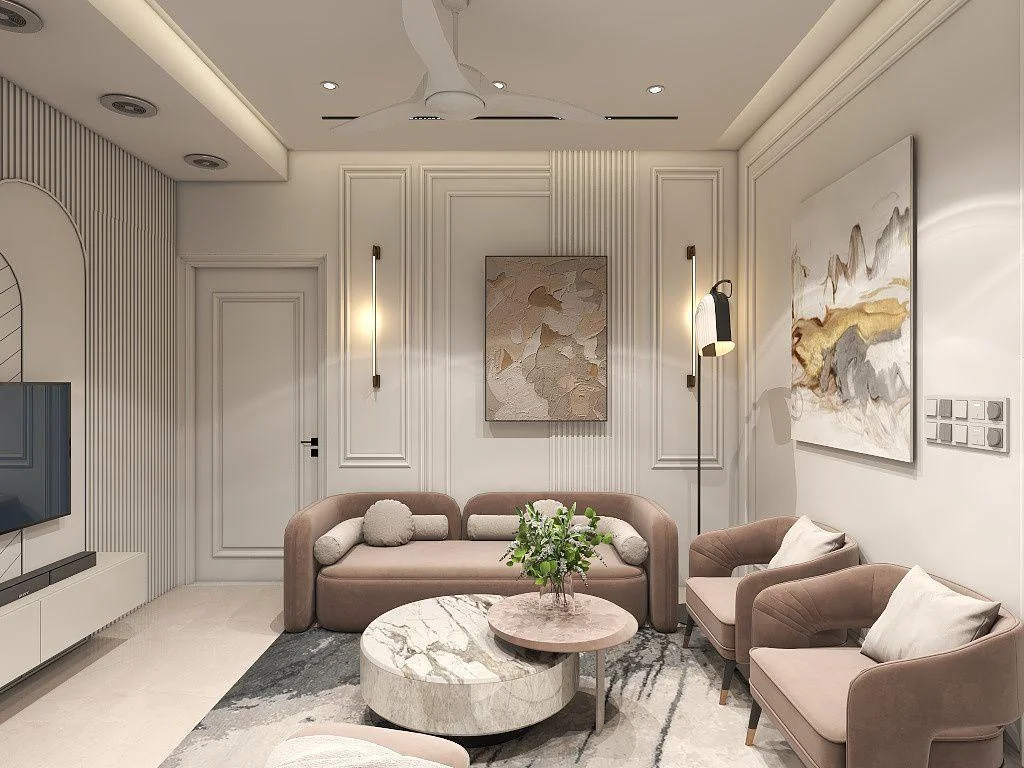 Warm luxury interior with wood and marble