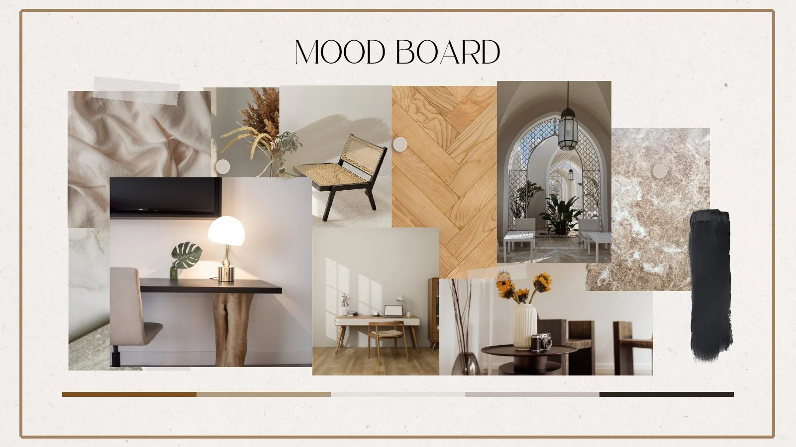 Mood board with warm tones, natural textures, wood and marble