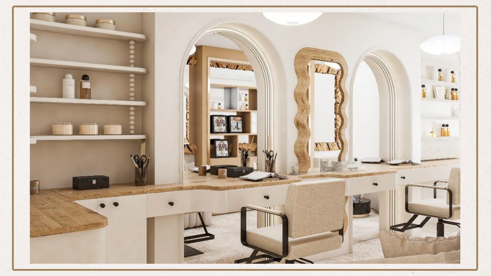 Salon interior with arched mirrors