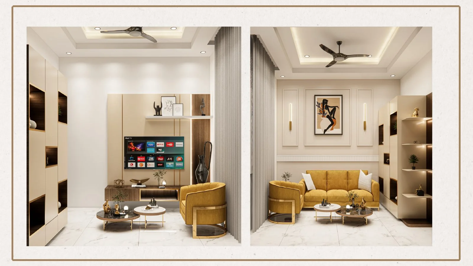 Living room renders with warm accents