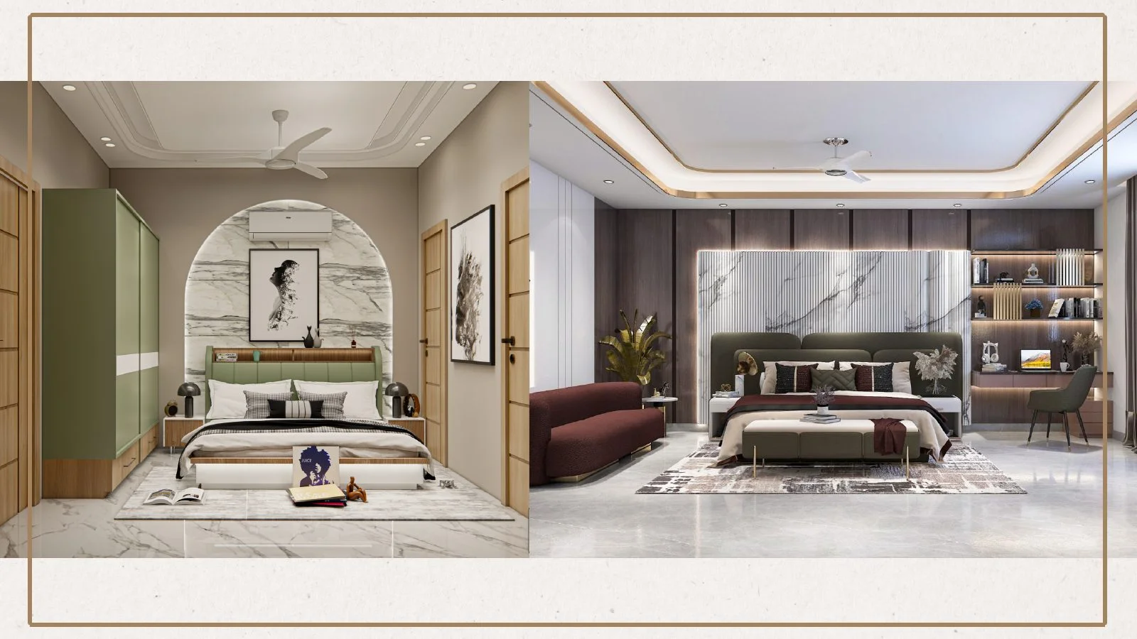 Bedroom renders with marble and green accents